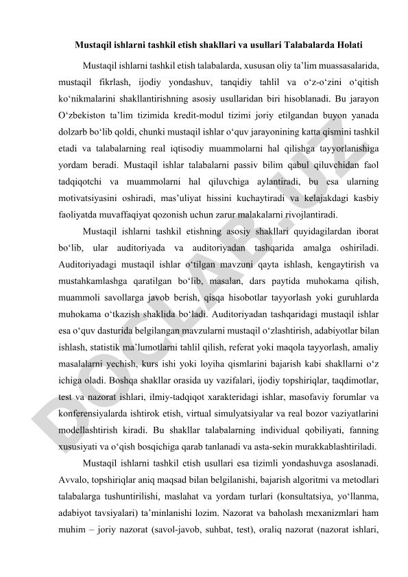 Mustaqil ishlarni tashkil etish shakllari va usullari
