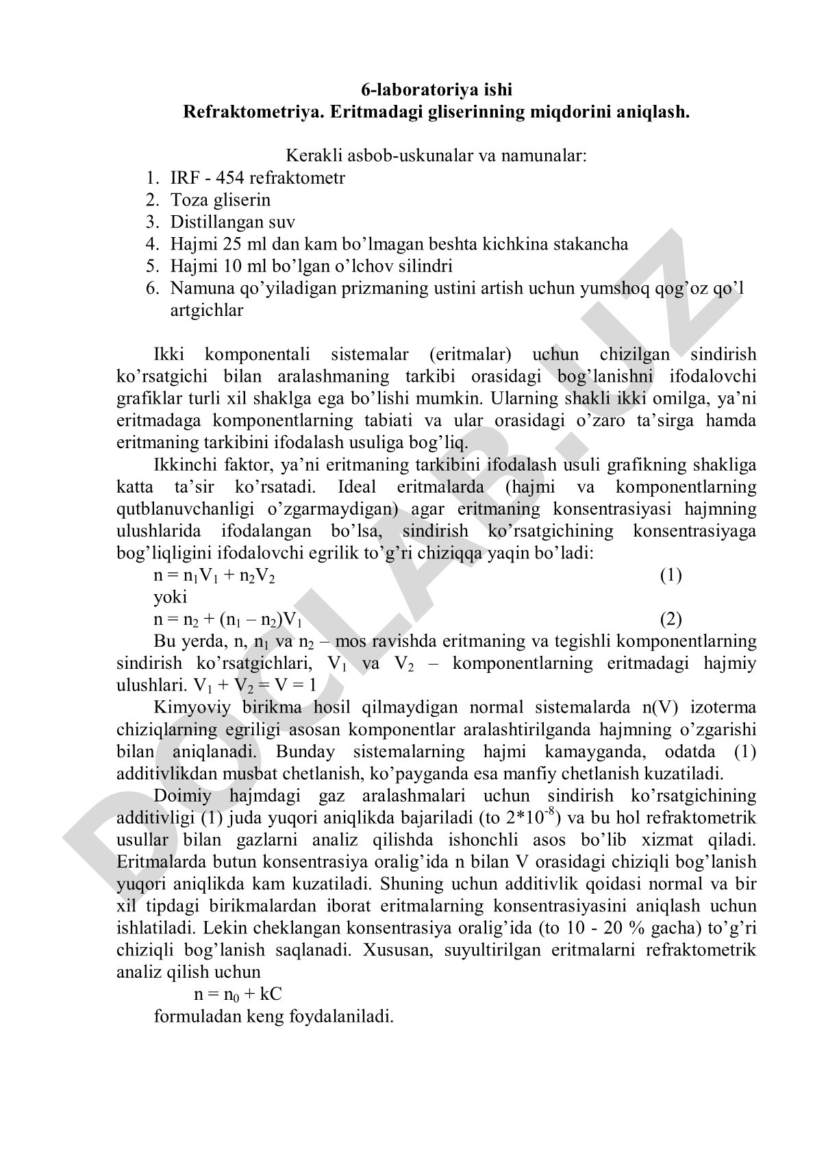 Refraktometriya. Eritmadagi gliserinning miqdorini aniqlash.