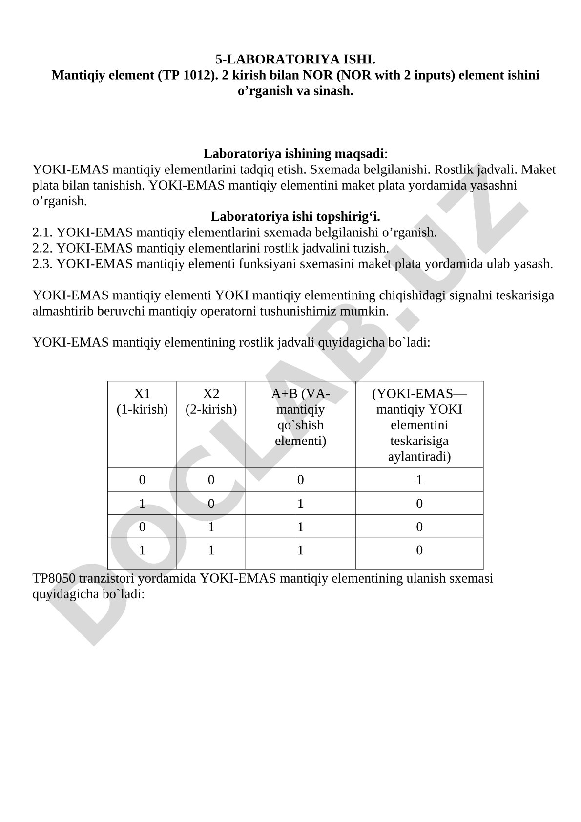 2 kirish bilan NOR element ishini o’rganish va sinash