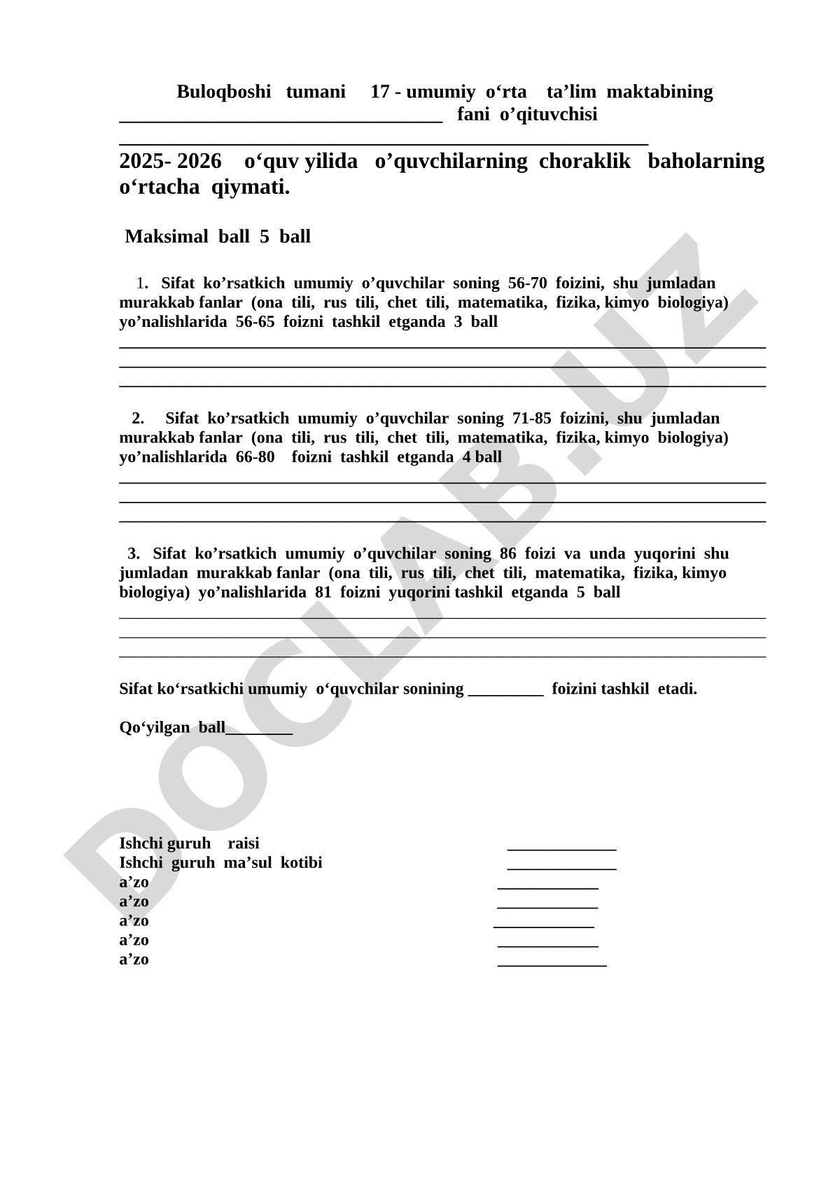 O'quvchilarning choraklik baholarning o'rtacha qiymati bo'yicha sifat ko'rsatkichi