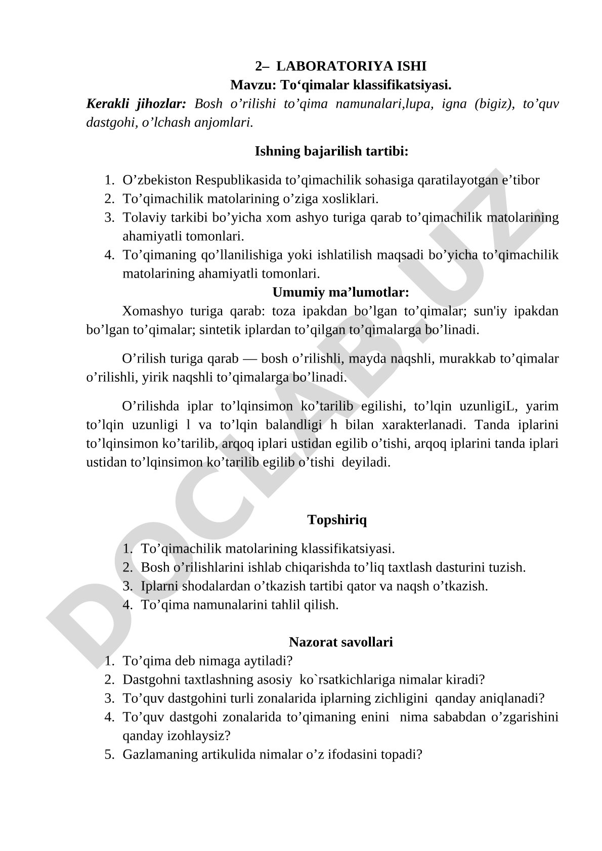 To'qimachilik matolarining turlari va o'rilishiga ko'ra klassifikatsiyasi
