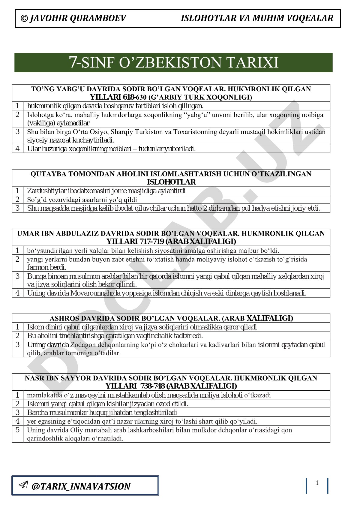 Islohotlar va muhim voqealar 7-sinf O'zbekiston tarixi