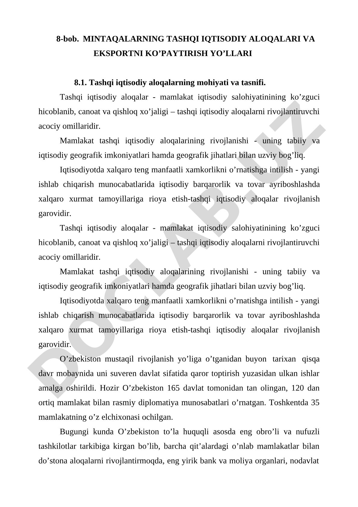 MINTАQАLАRNING TАSHQI IQTISОDIY АLОQАLАRI VА EKSPОRTNI KO’PАYTIRISH YO’LLАRI