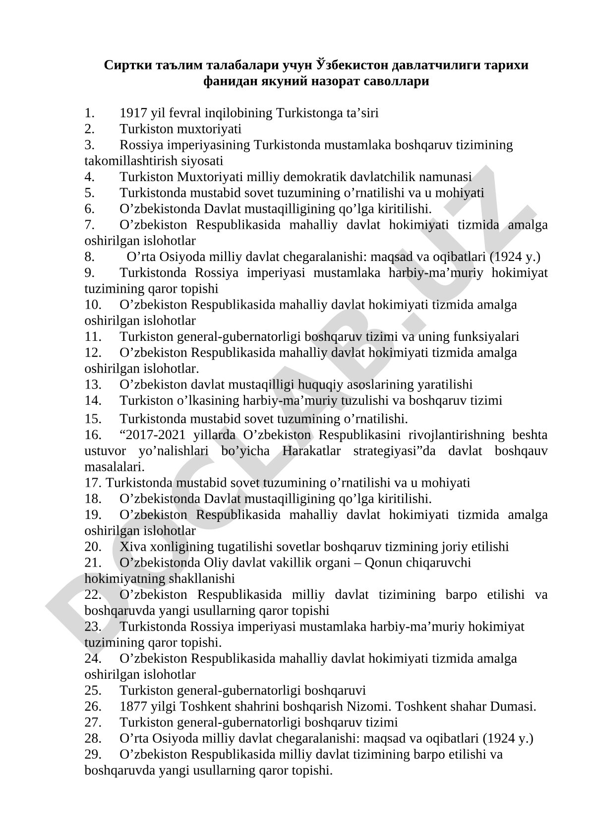 O'zbekiston davlatchiligi tarixi fanidan yakuniy nazorat savollari