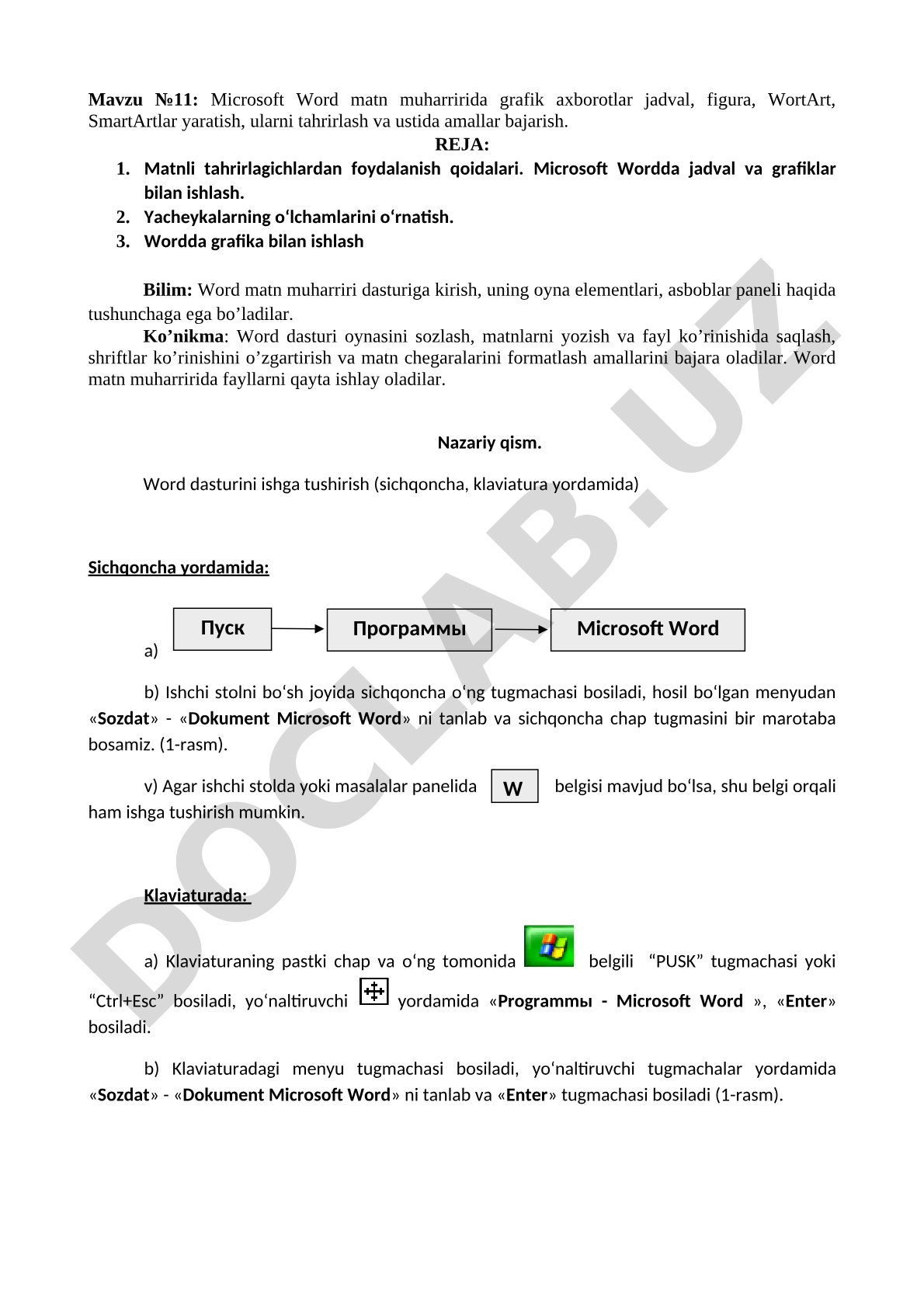 Microsoft Word matn muharririda grafik axborotlar jadval, figura, WortArt, SmartArtlar yaratish, ularni tahrirlash va ustida amallar bajarish