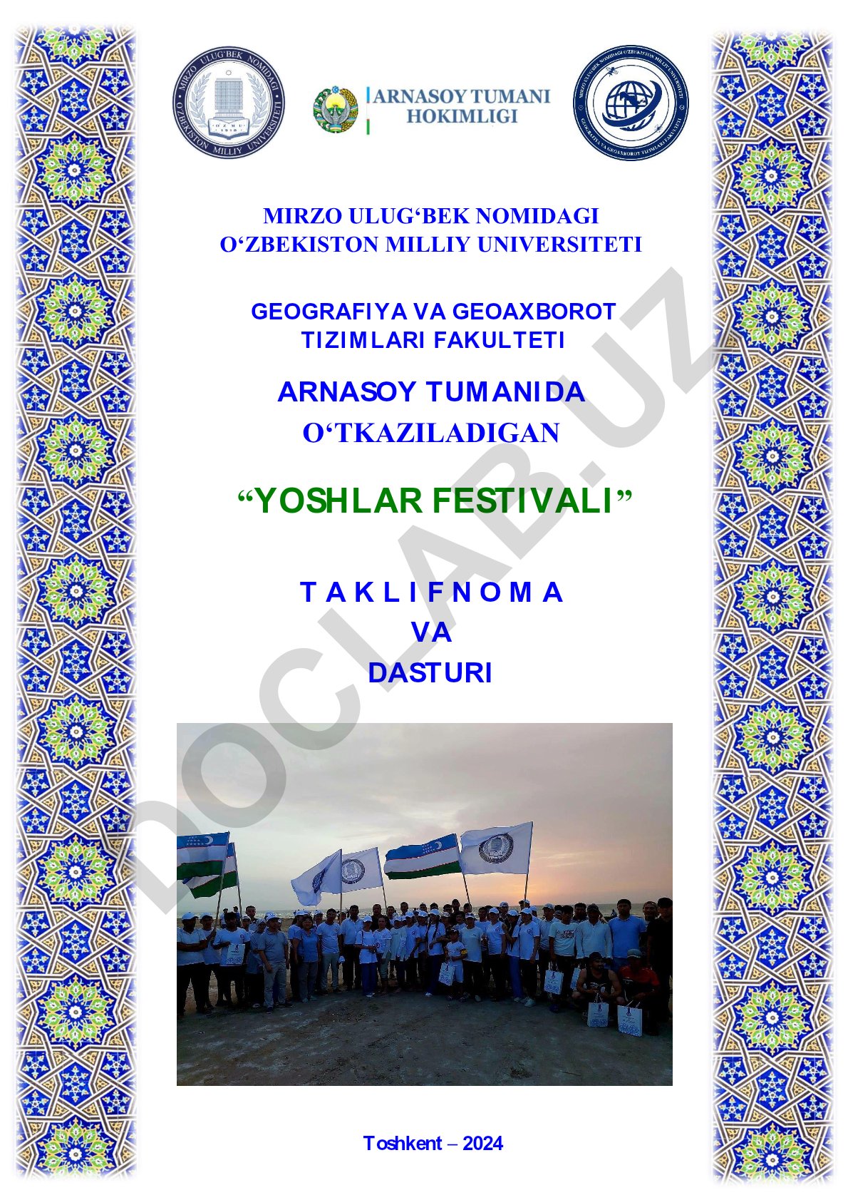 Arnasoy tumanida o'tkaziladigan Yoshlar festivali taklifnoma va dasturi