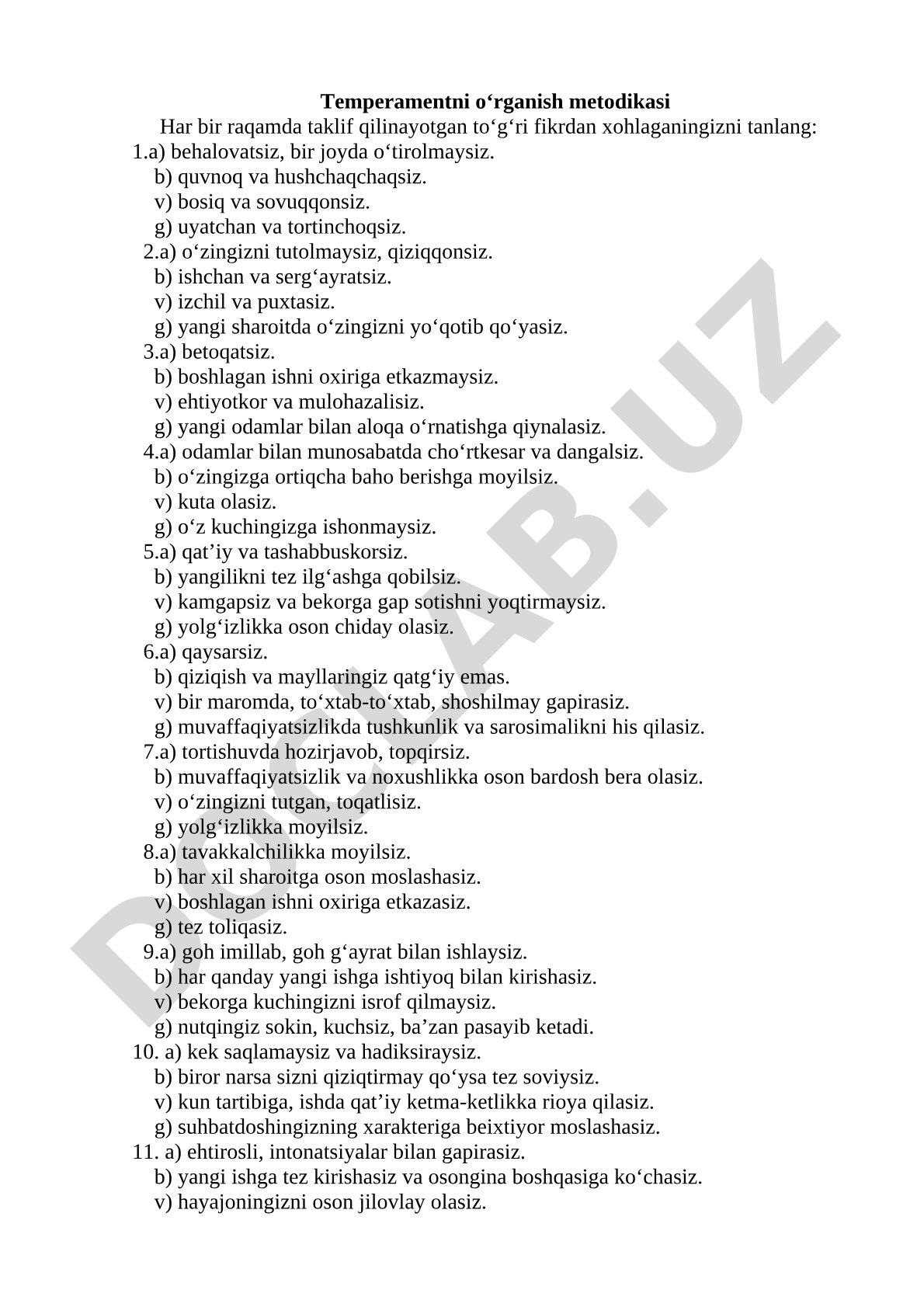 Temperamentni o‘rganish metodikasi