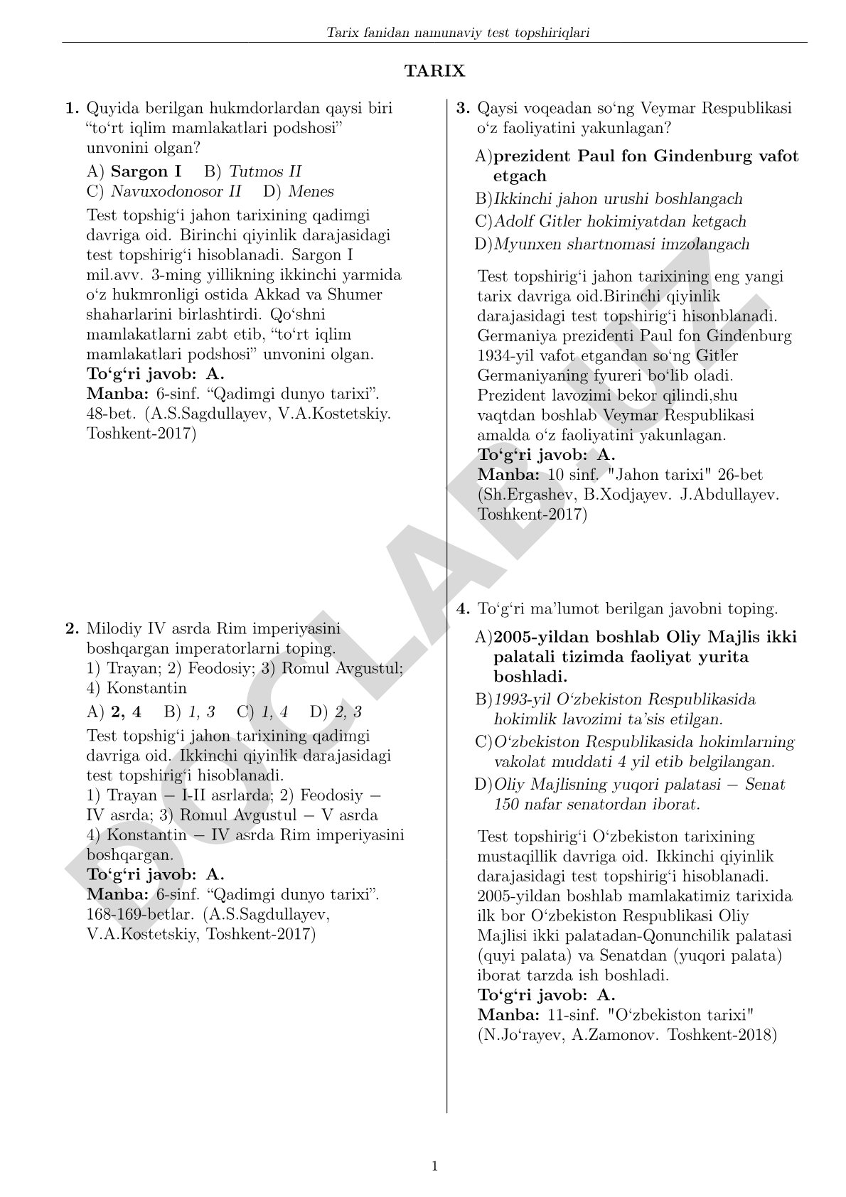 Tarix fanidan namunaviy test topshiriqlari