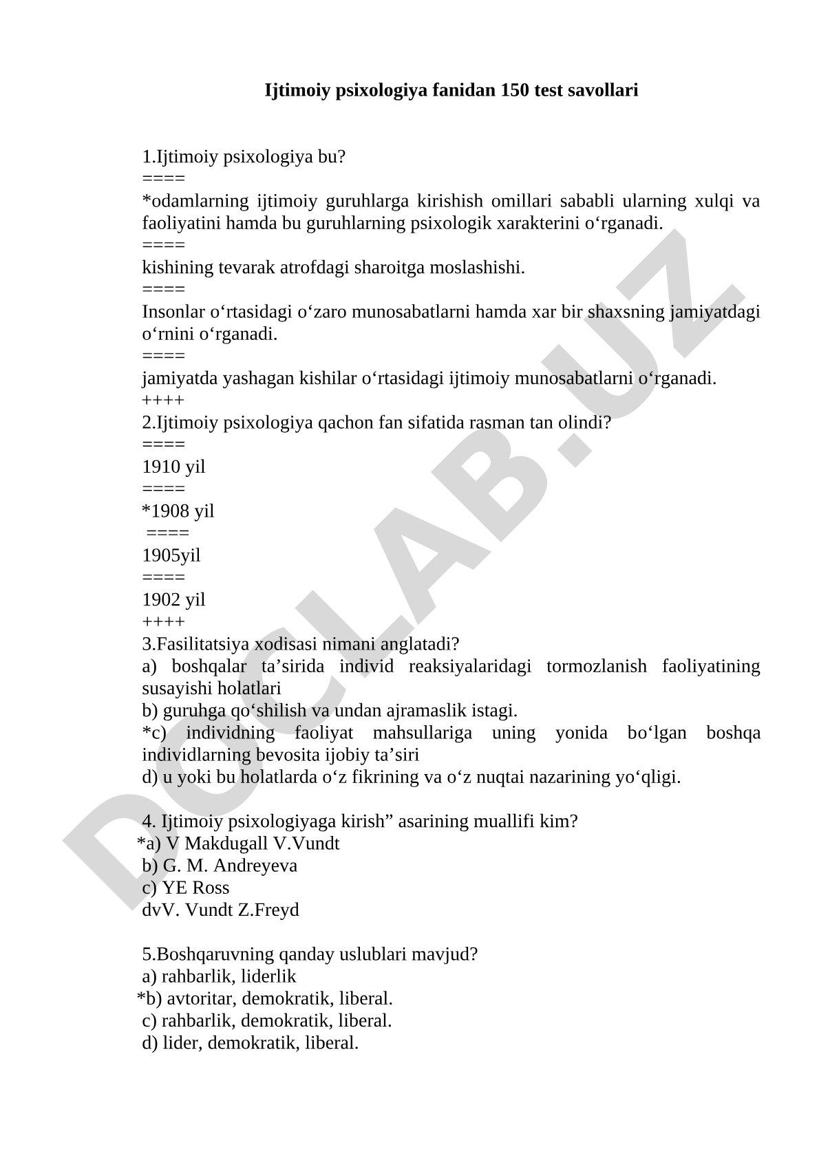 Ijtimoiy psixologiya fanidan 150 test savollari