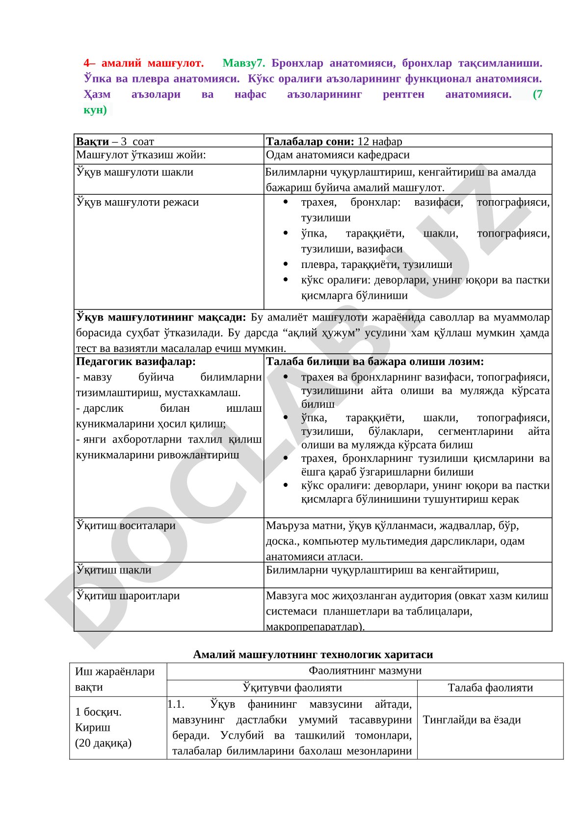 Бронхлар анатомияси, бронхлар тақсимланиши. Ўпка ва плевра анатомияси. Кўкс оралиғи аъзоларининг функционал анатомияси. Ҳазм аъзолари ва нафас аъзоларининг рентген анатомияси.