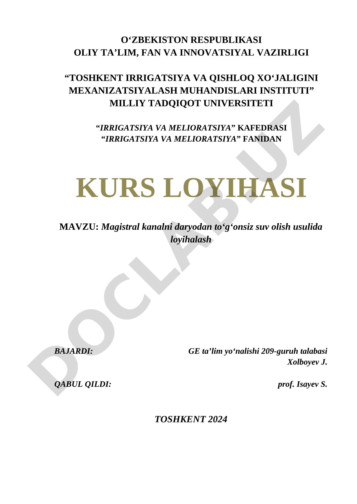 Magistral kanalni daryodan toʻgʻonsiz suv olish usulida loyihalash