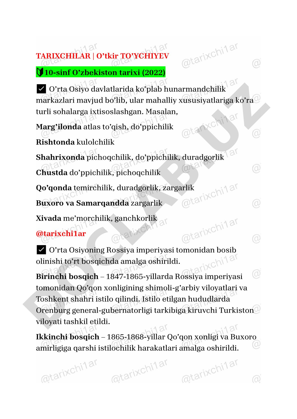 O'rta Osiyoda hunarmandchilik markazlari va Rossiya istilosi