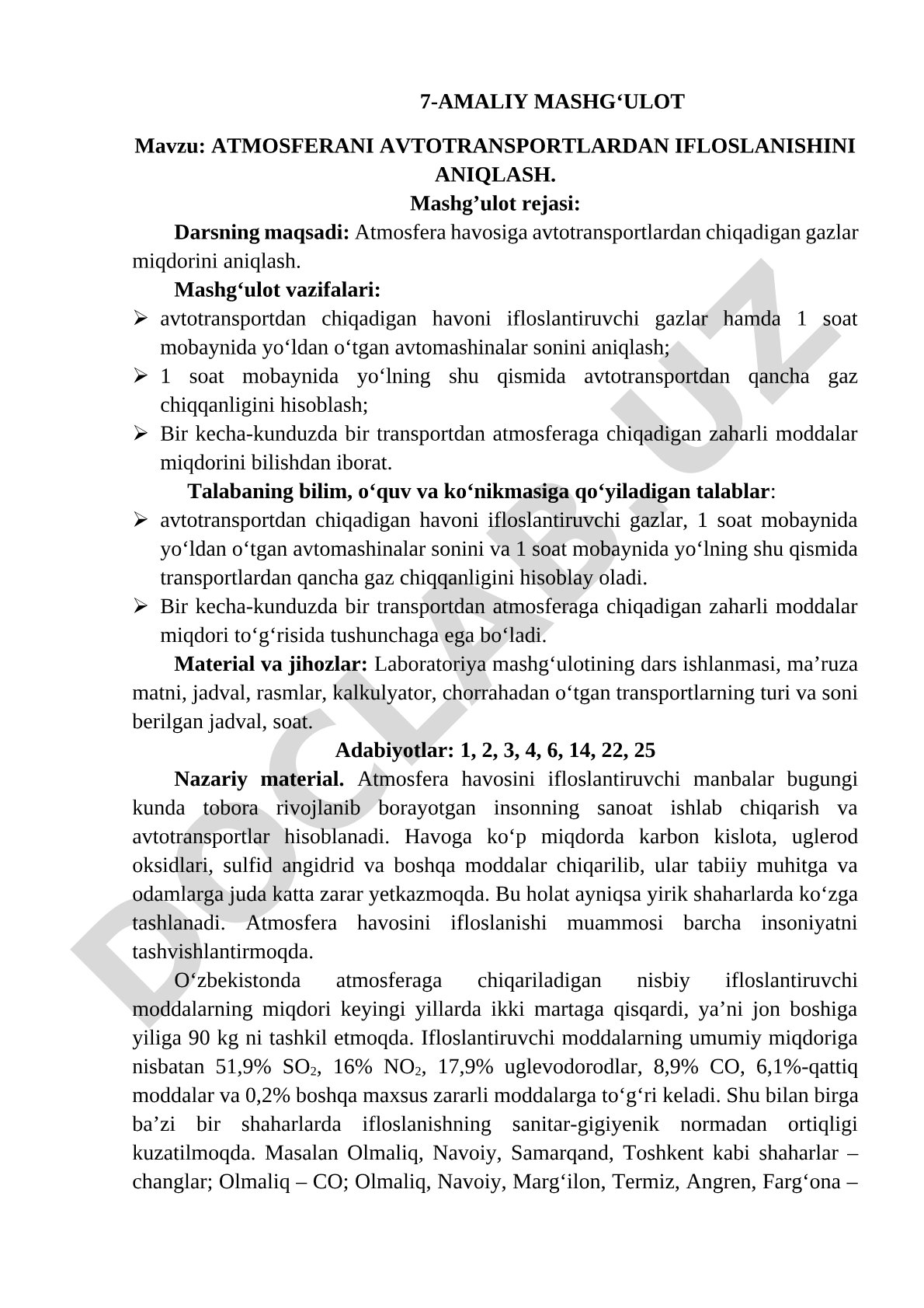 Atmosferani avtotransportlardan ifloslanishini aniqlash