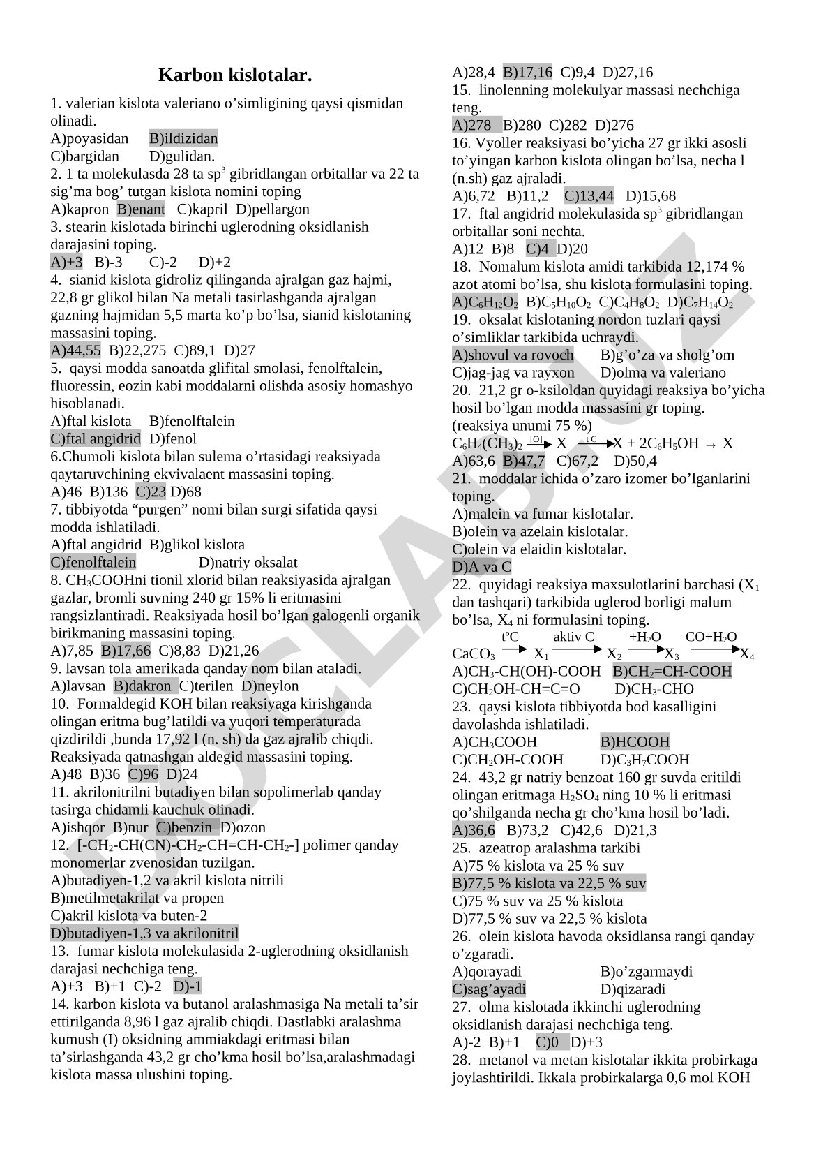 Karbon kislotalar bo'yicha test savollari
