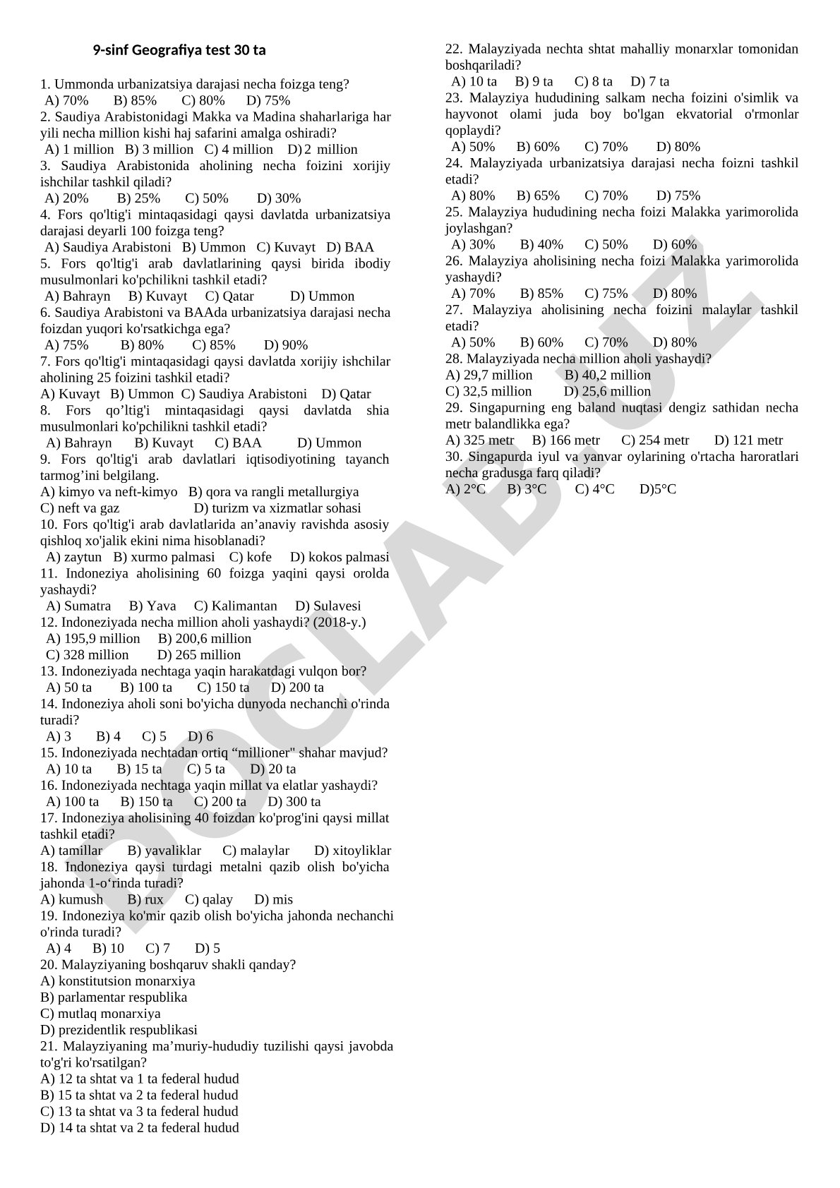 Fors qo'ltig'i davlatlari geografiyasi testi