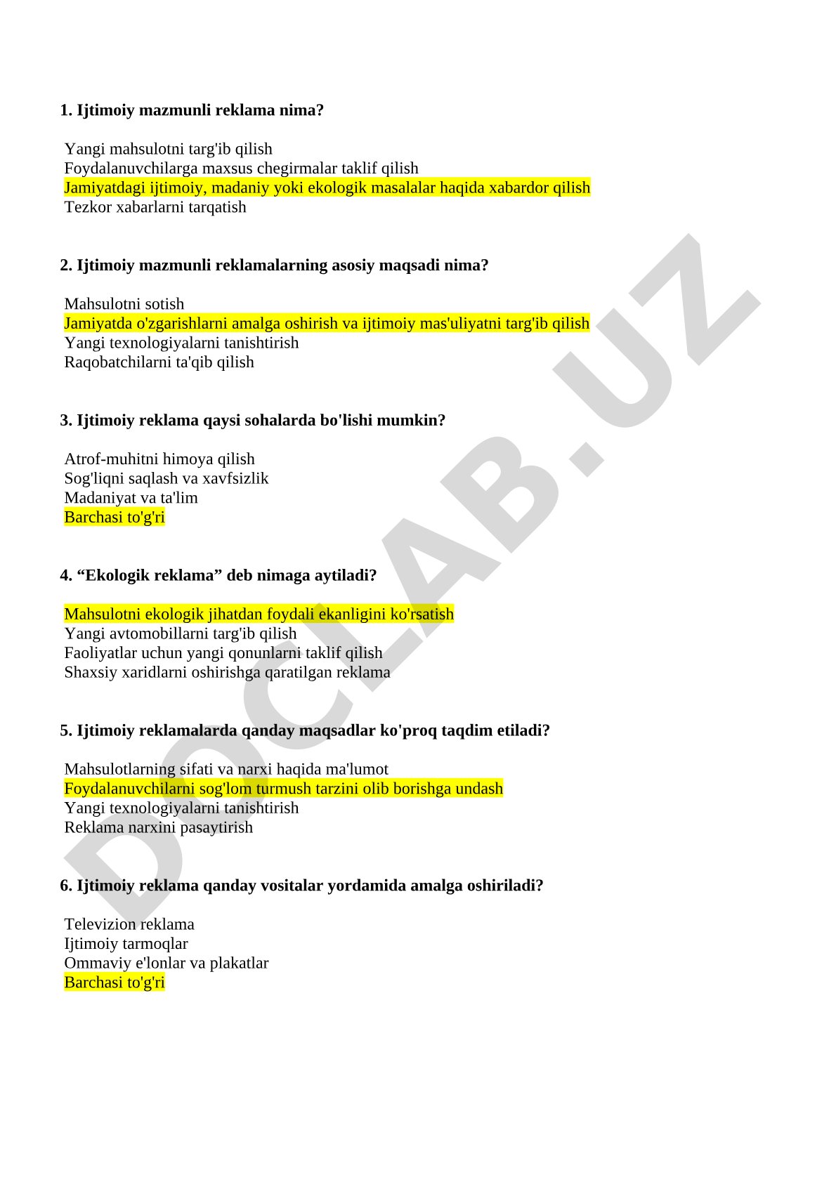 Ijtimoiy mazmunli reklama bo'yicha test savollari
