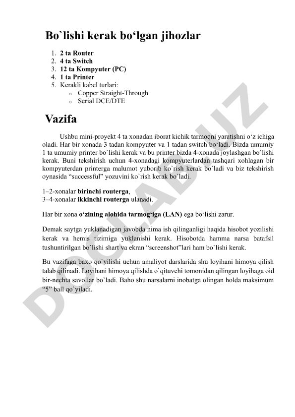 4 xonali kichik tarmoq loyihasi