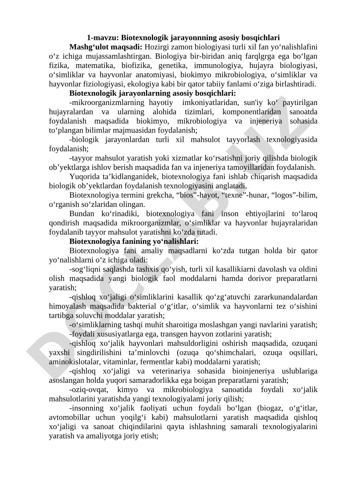 Biotexnologik jarayonning asosiy bosqichlari