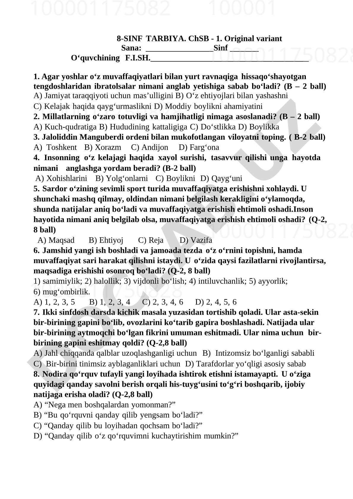8-sinf Tarbiya fanidan ChSB test savollari