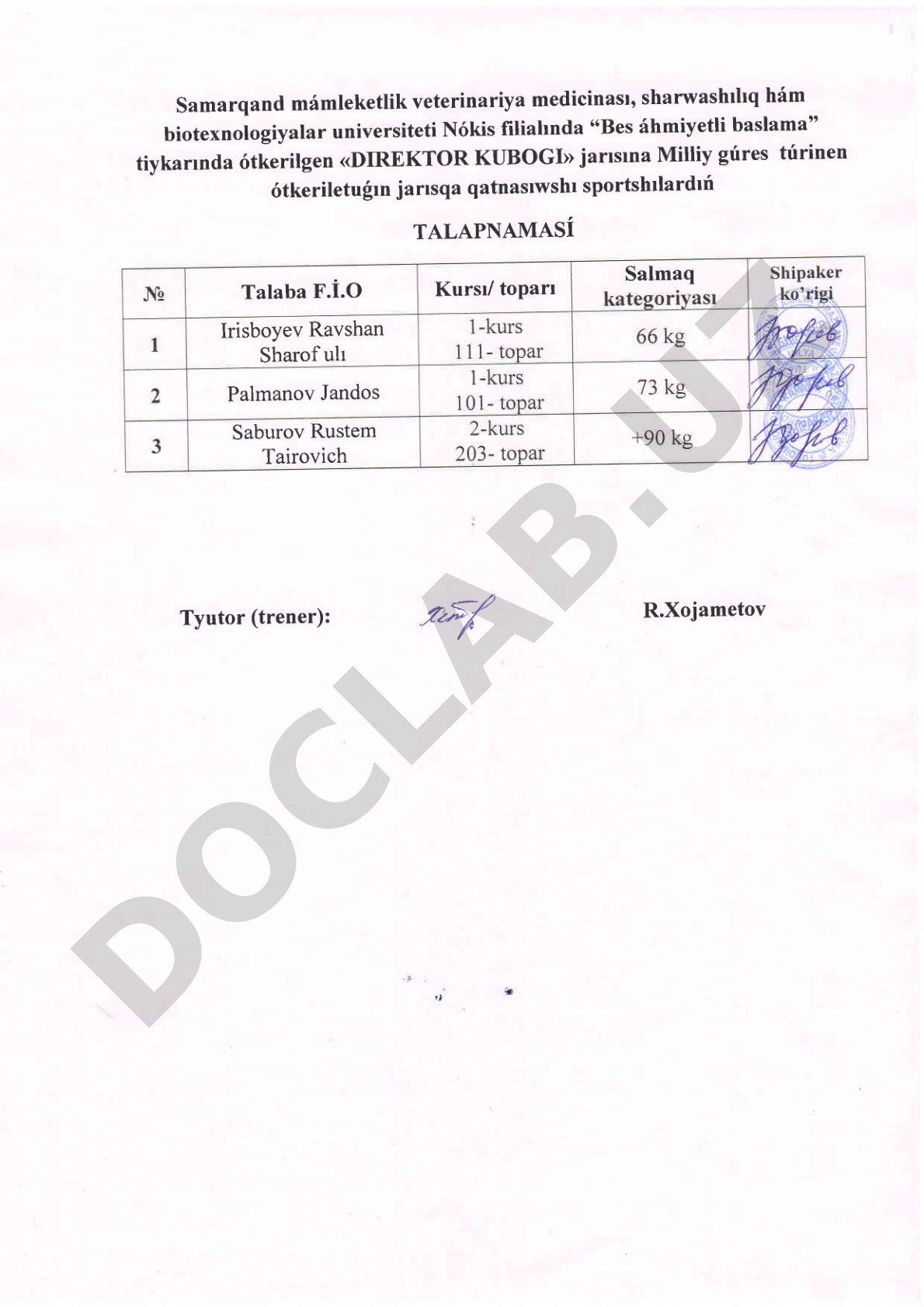 Direktor kubogi milliy kurash musobaqasi qatnashchilari talabnomasi