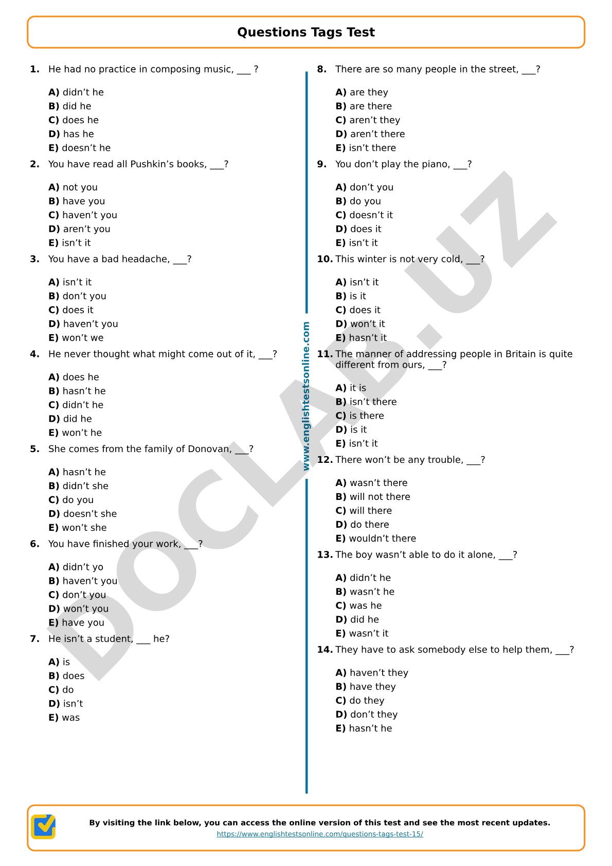 English Tag Questions Practice Exercises