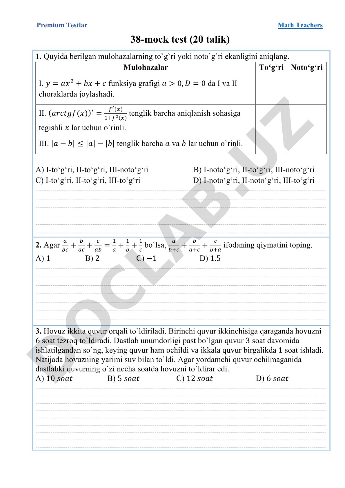 Matematika o'qituvchilari uchun 38-mock test