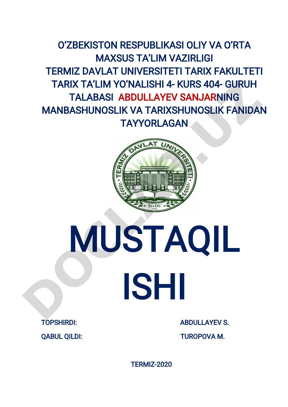 O’zbekiston tarixini o’rganish va o’qitishning dolzarb masalalari