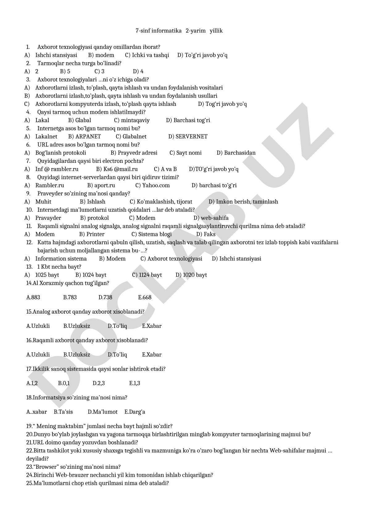 7-sinf informatika 2-yarim yillik test savollari