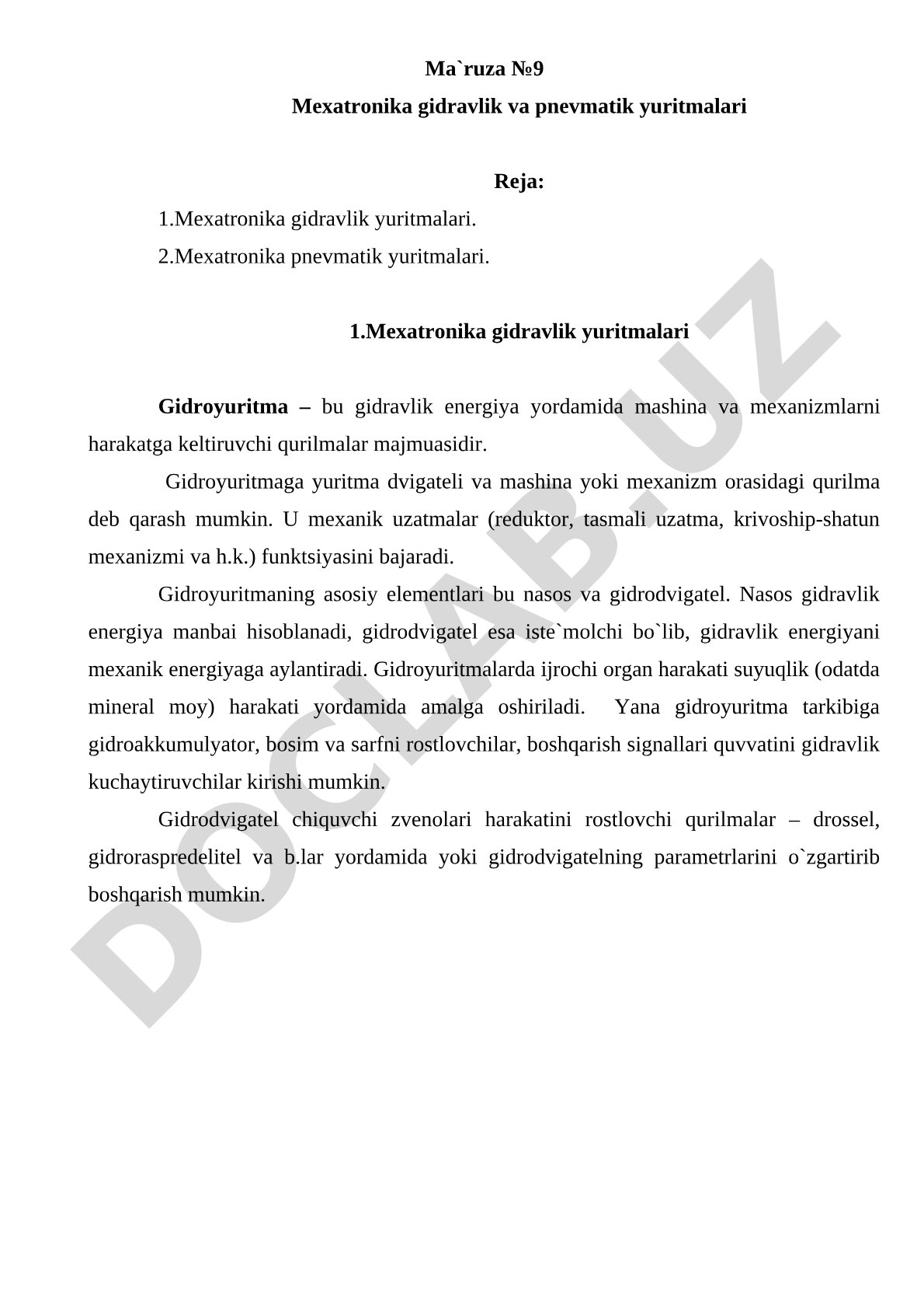 Mexatronika gidravlik va pnevmatik yuritmalari