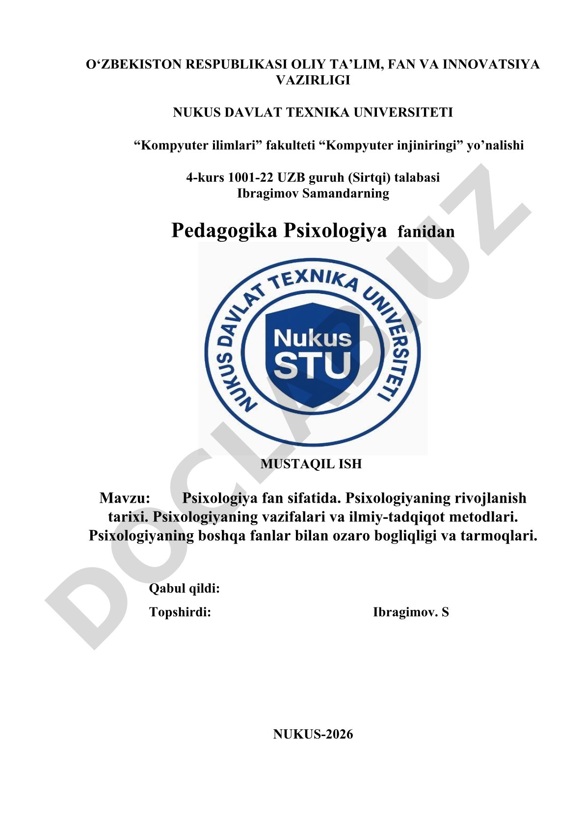 Psixologiya fan sifatida. Psixologiyaning rivojlanish tarixi. Psixologiyaning vazifalari va ilmiy-tadqiqot metodlari. Psixologiyaning boshqa fanlar bilan ozaro bogliqligi va tarmoqlari.