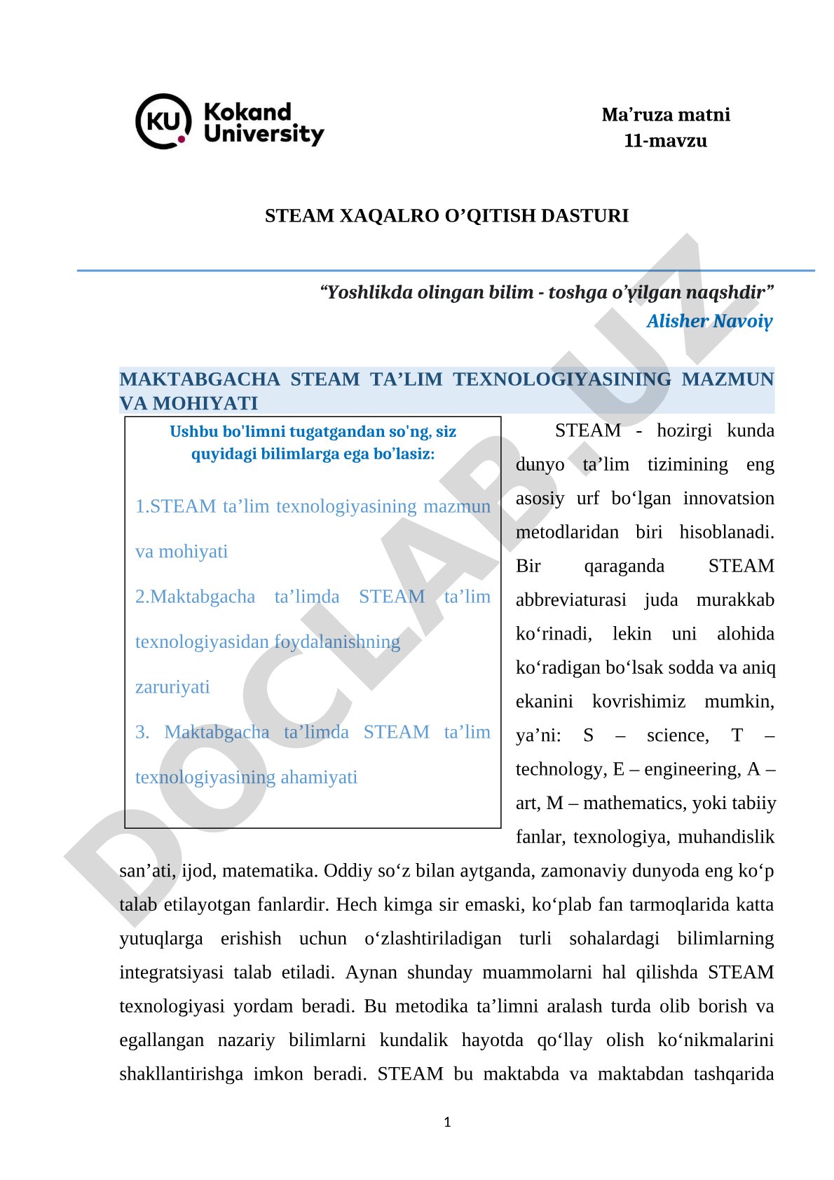 STEAM XALQARO O'QITISH DASTURI