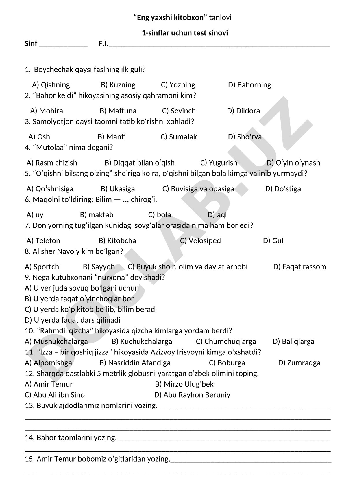 Eng yaxshi kitobxon tanlovi 1-sinflar uchun test sinovi
