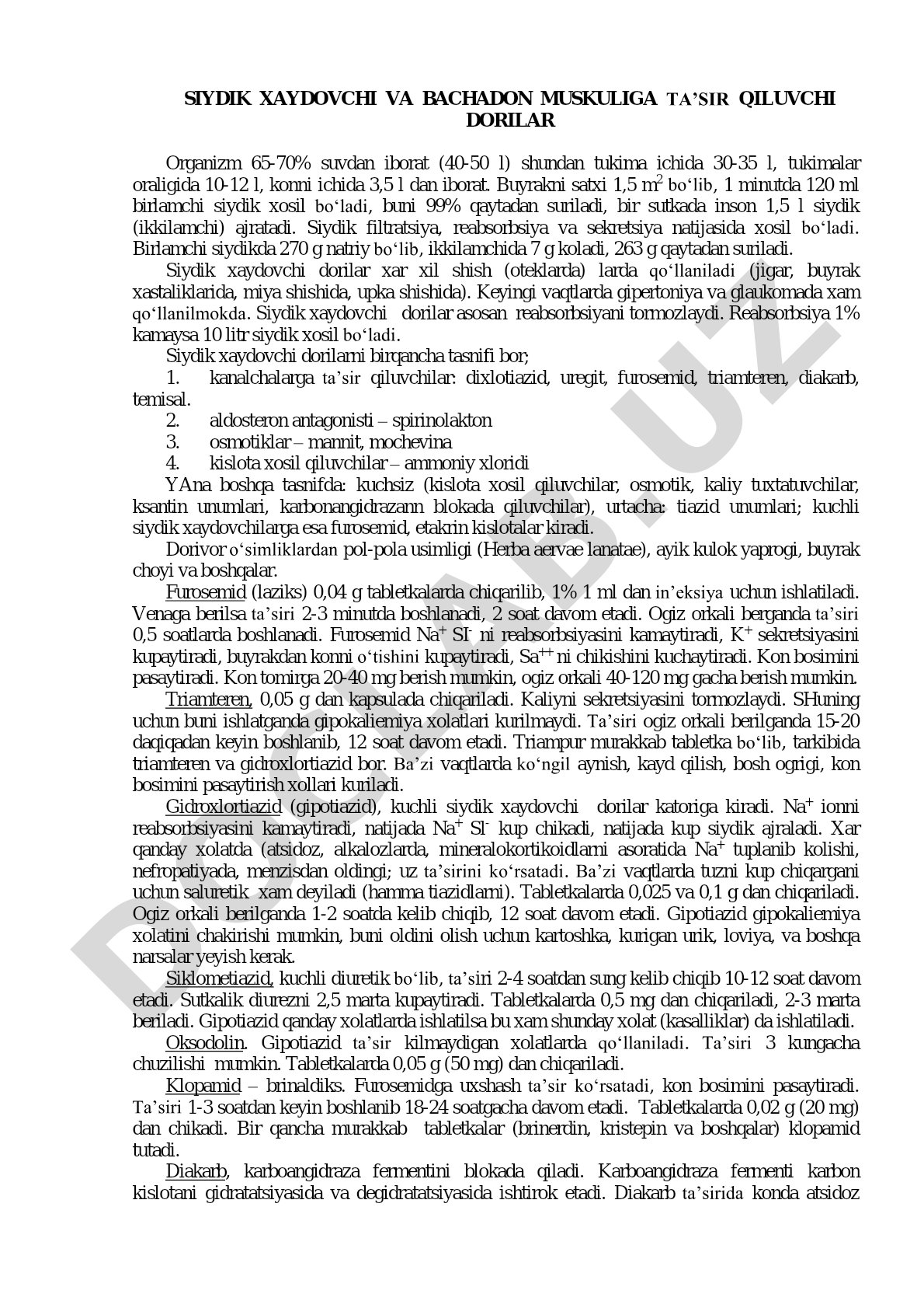 Siydik haydovchi va bachadon muskuliga ta'sir qiluvchi dorilar