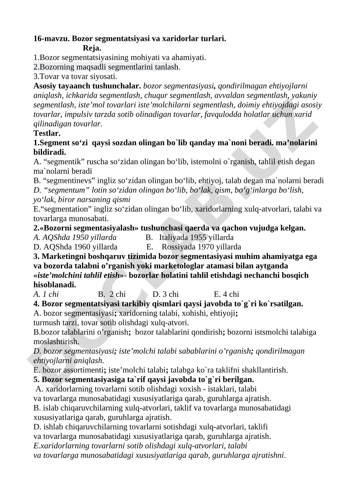 Bozor segmentatsiyasi va xaridorlar turlari