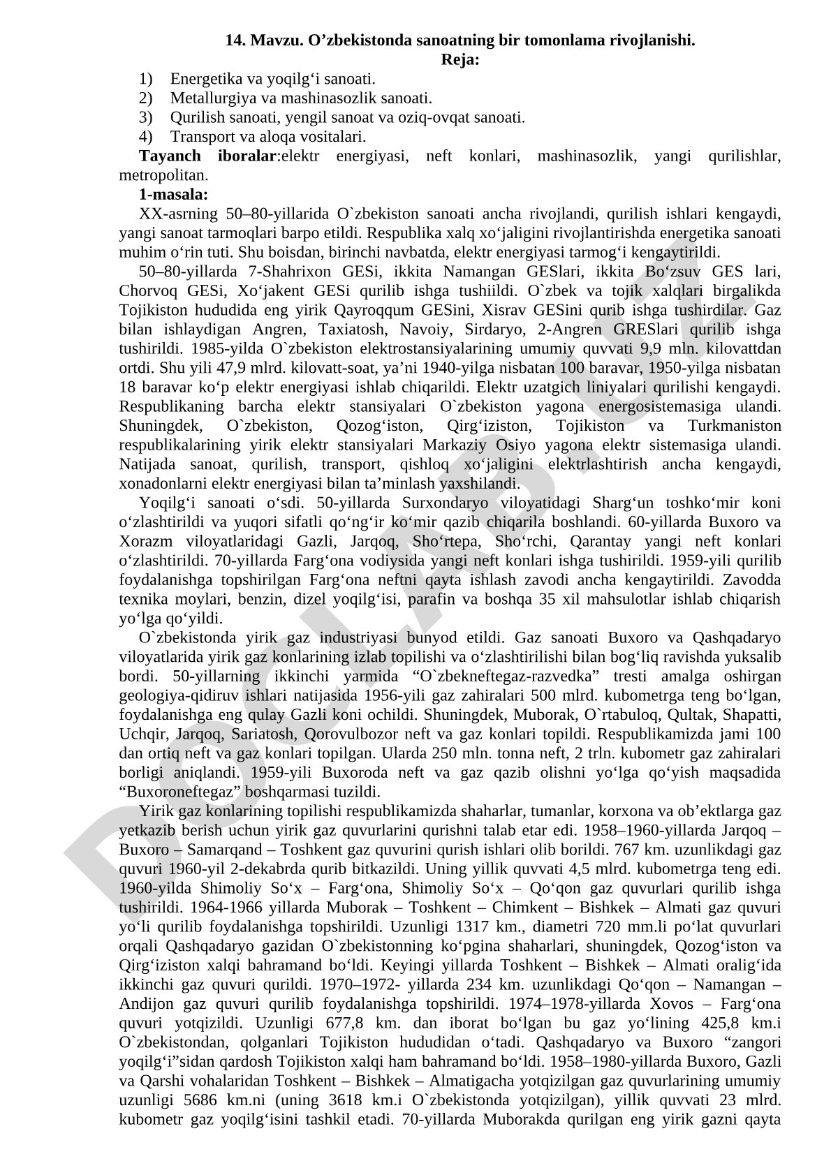 O’zbekistonda sanoatning bir tomonlama rivojlanishi