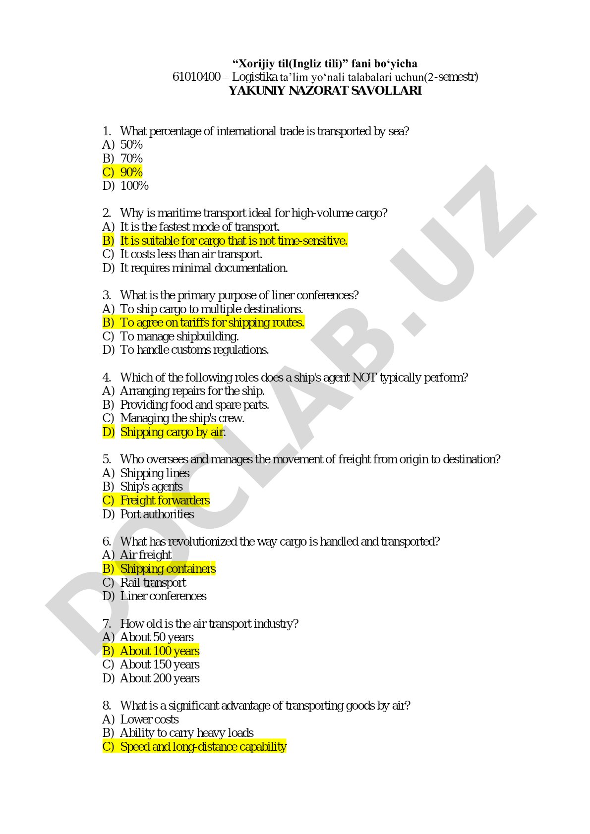 Logistics English Final Exam Questions