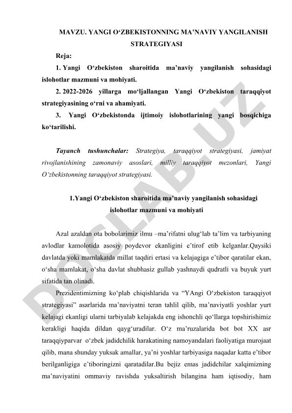 Yangi O‘zbekistonning ma’naviy yangilanish strategiyasi