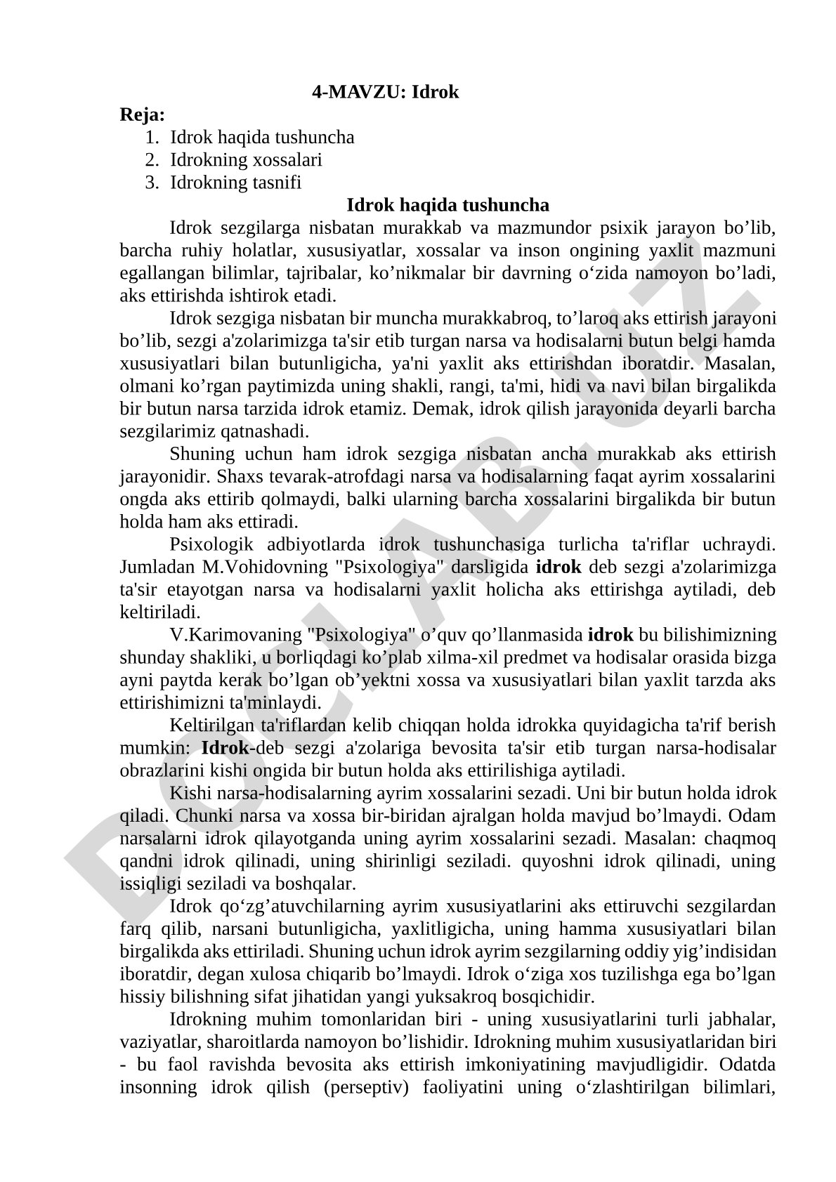 Idrok haqida tushuncha, uning xossalari va tasnifi