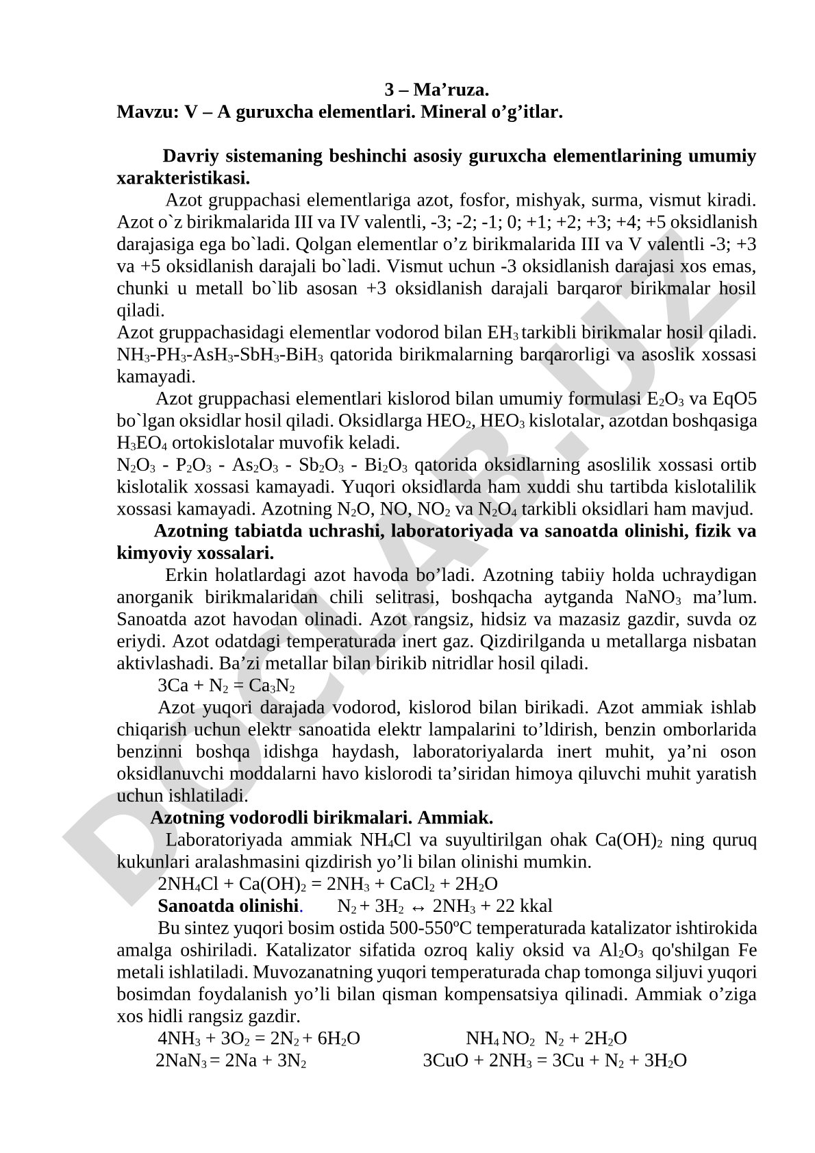 V – A guruxcha elementlari. Mineral o’g’itlar.