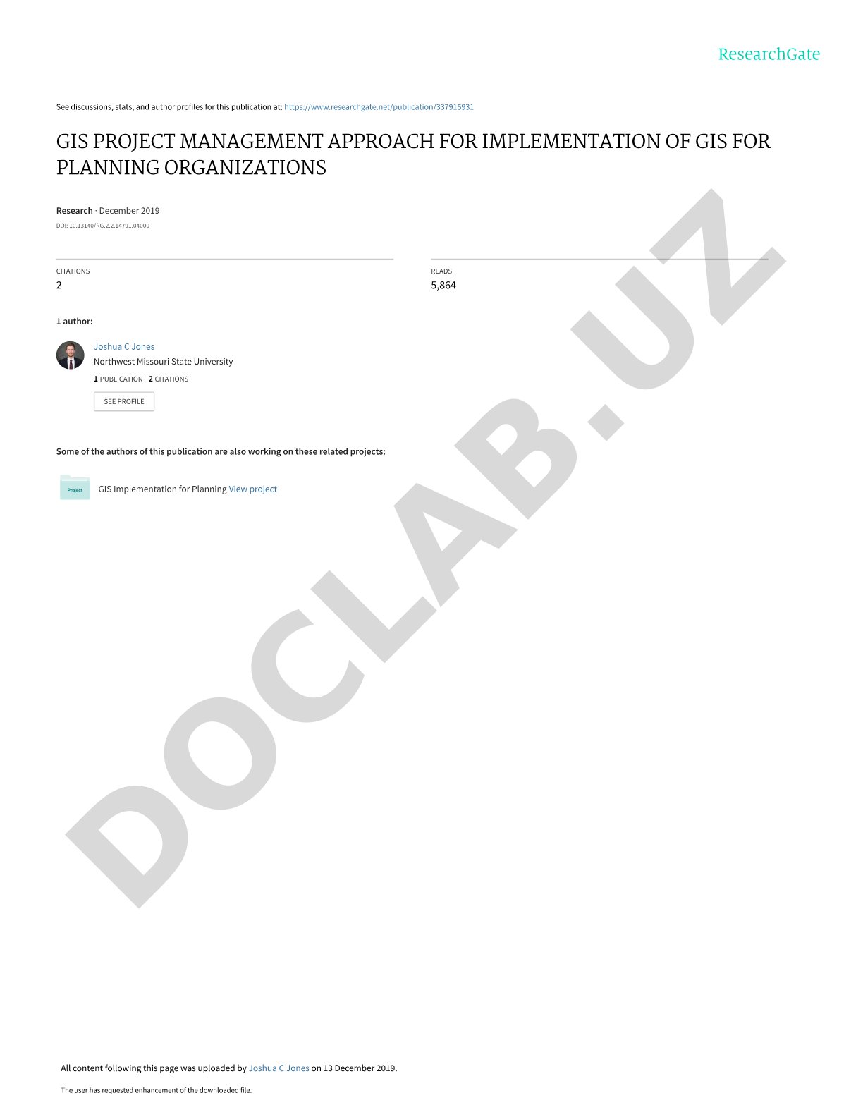 GIS Project Management Approach for Implementation of GIS for Planning Organizations