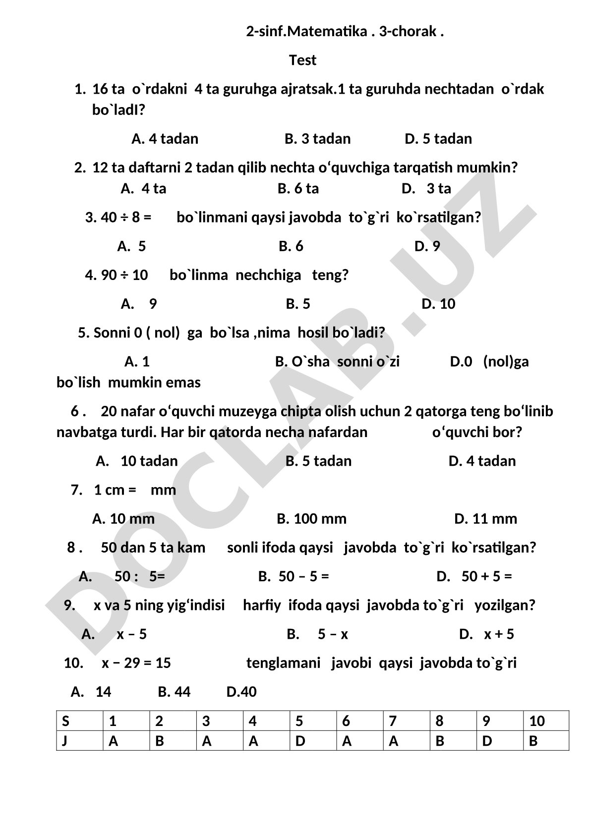 2-sinf matematika va ona tili testlari