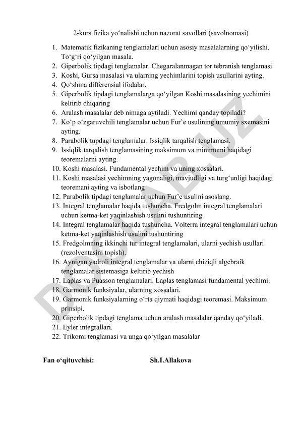 Matematik fizika tenglamalari va ularning yechim usullari