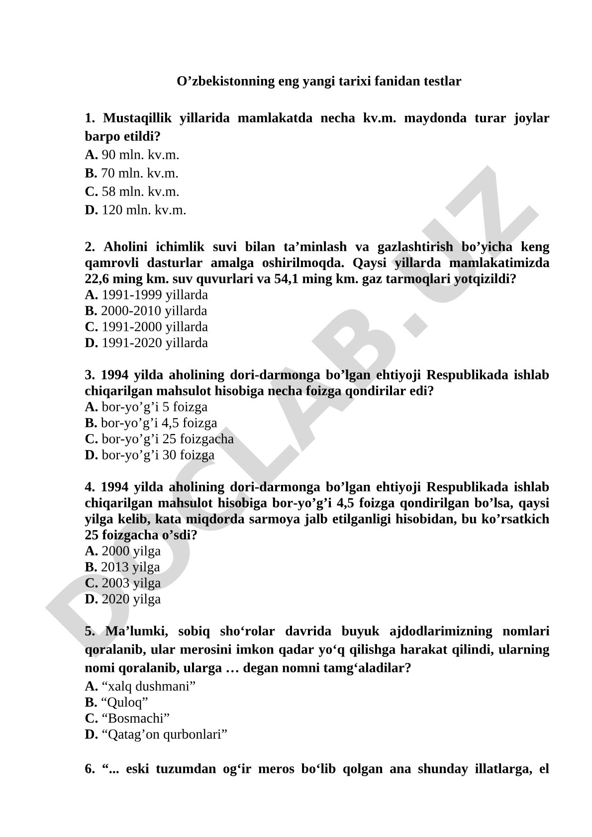 O'zbekistonning eng yangi tarixi fanidan testlar