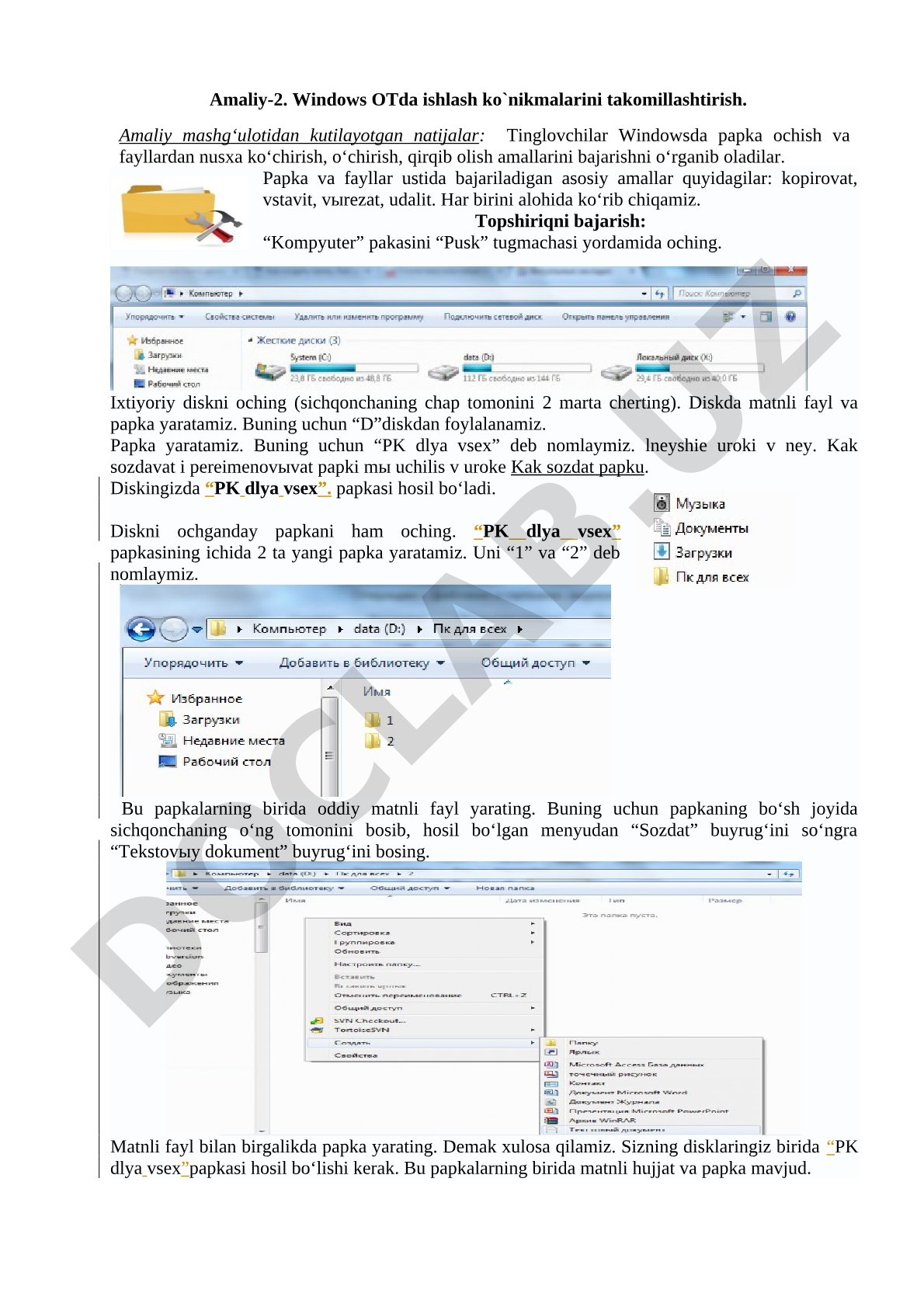 Windows OTda ishlash ko`nikmalarini takomillashtirish