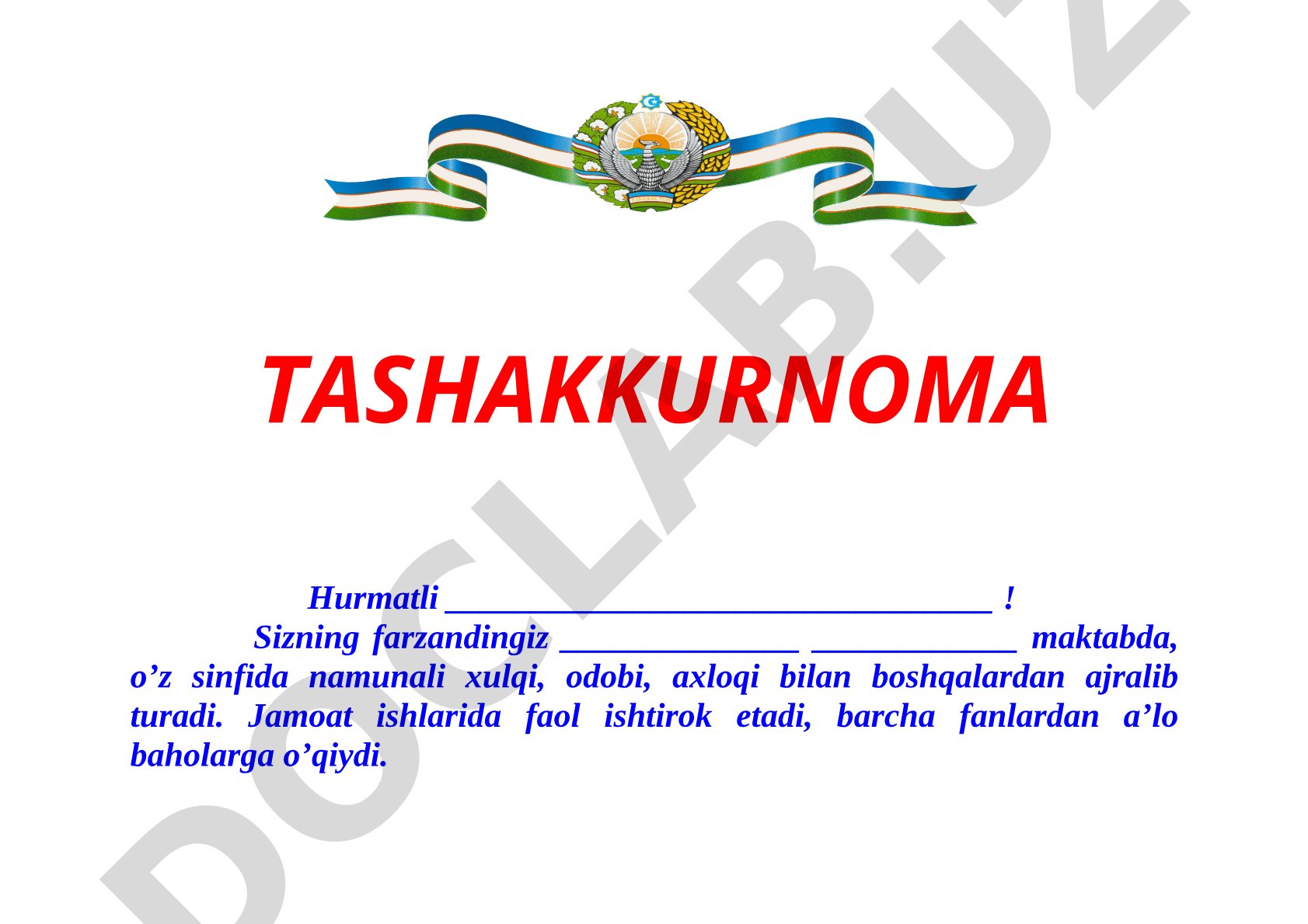 O'quvchining ota-onasiga maktab ma'muriyatidan minnatdorchilik xati