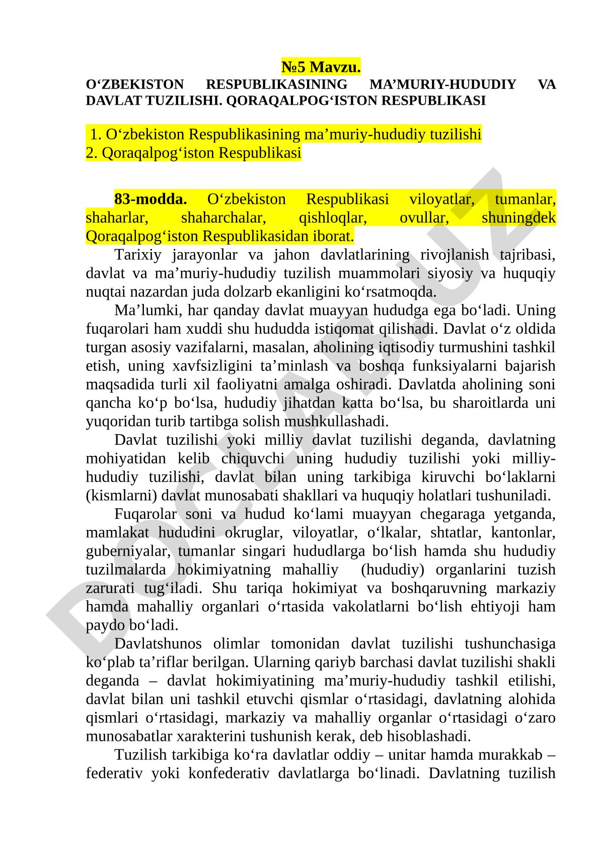 O‘zbekiston Respublikasining ma’muriy-hududiy va davlat tuzilishi. Qoraqalpog‘iston Respublikasi
