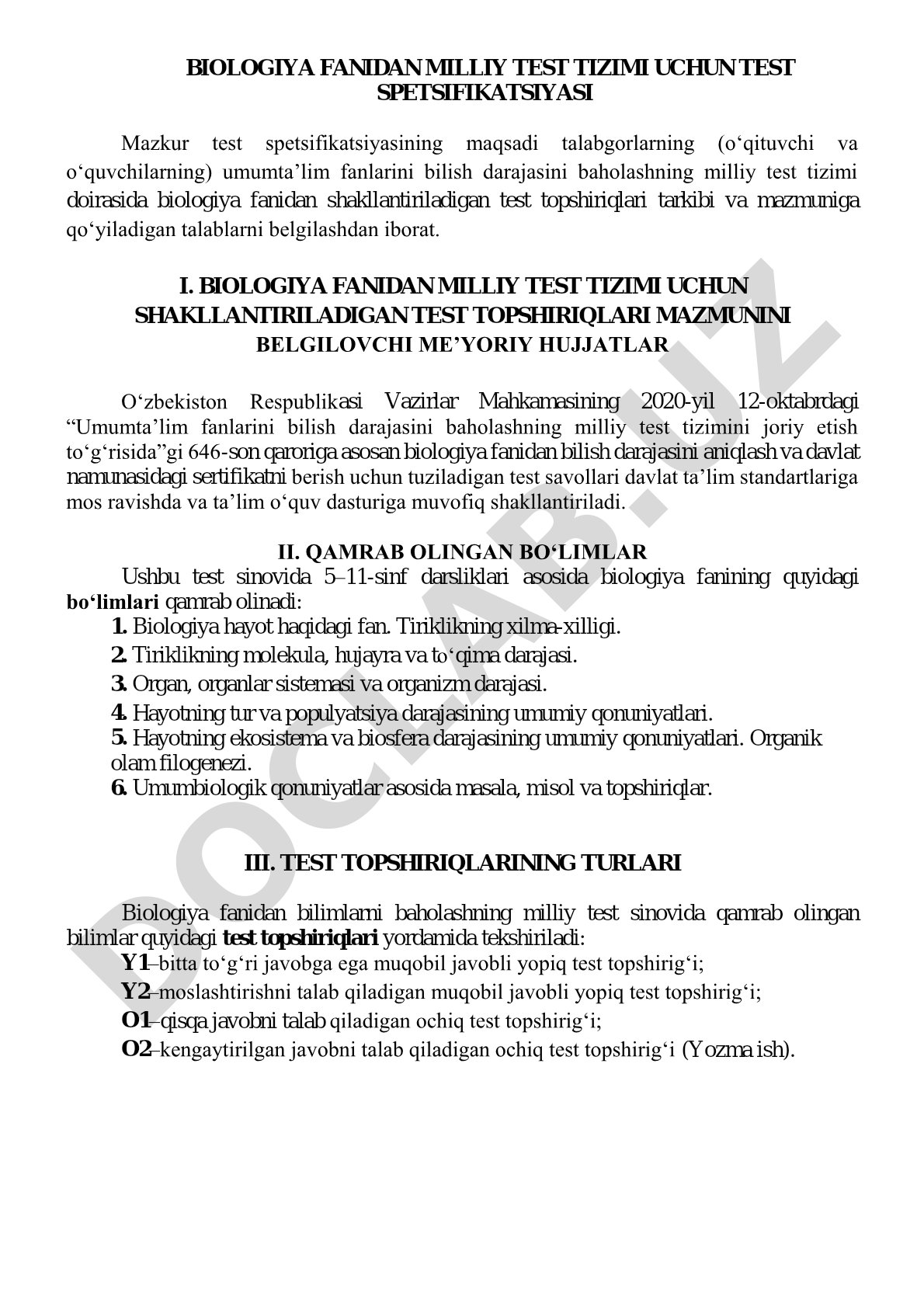 Biologiya fanidan milliy test tizimi uchun test spetsifikatsiyasi