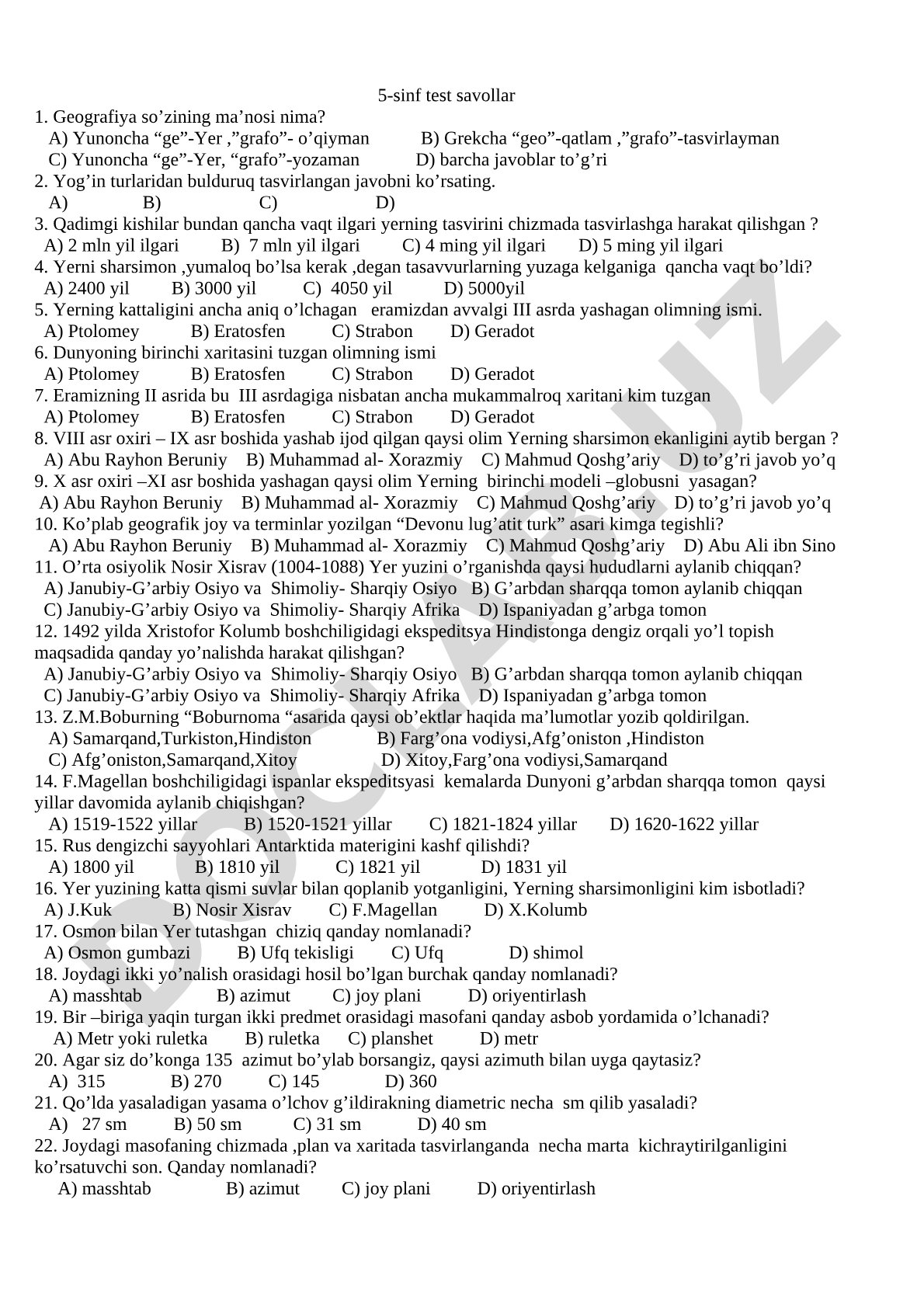 5-sinf geografiya test savollari