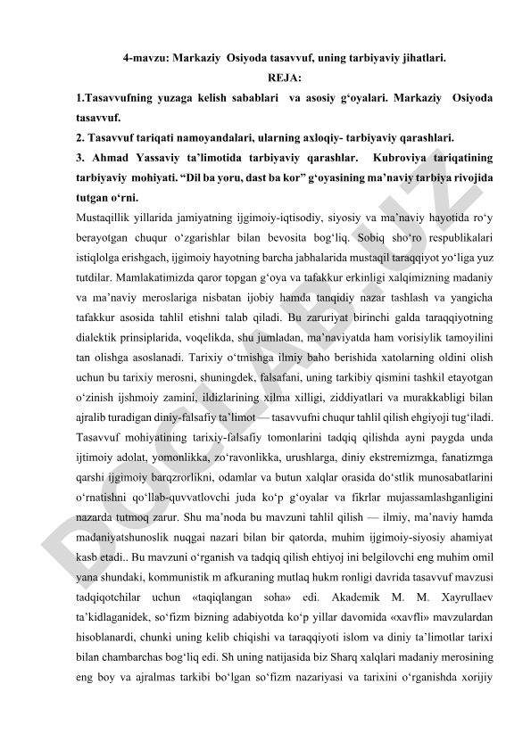 Markaziy Osiyoda tasavvuf, uning tarbiyaviy jihatlari