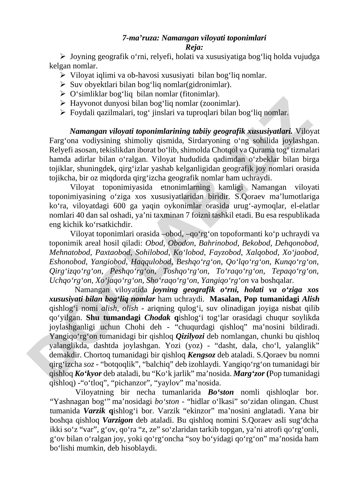 Namangan viloyati toponimlarining tabiiy geografik xususiyatlari va turlari haqida